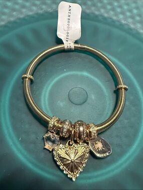 Anthropologie Gold Heart Charm Stretch Bracelet with Mixed Charms